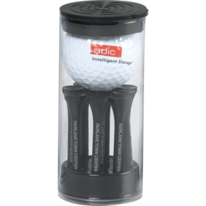 Golf Ball and tees in tube